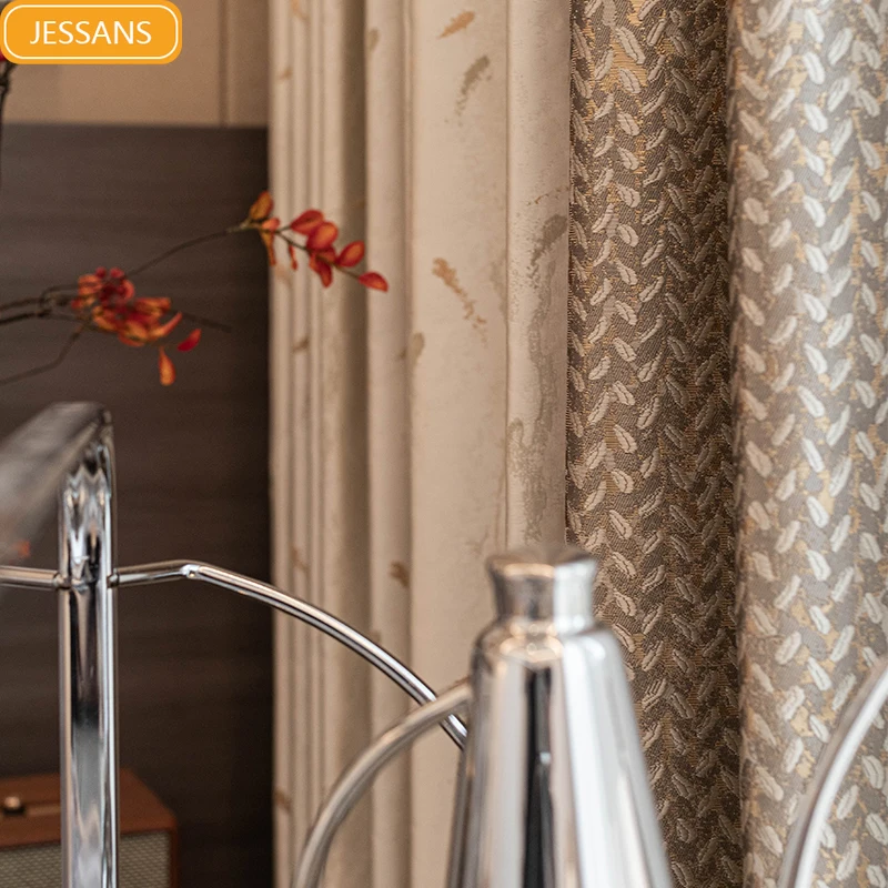

High-precision texture jacquard wheat ear light luxury modern beige Chinese American embossed custom living room bedroom curtain