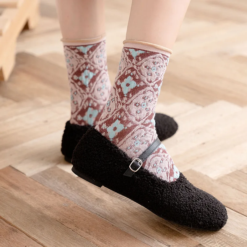 Винтажные женские носки, Этническая мода, тиснение, Harajuku, ретро, круглые носки, колледж Стиль, хлопковые дышащие школьные длинные носки для девочек