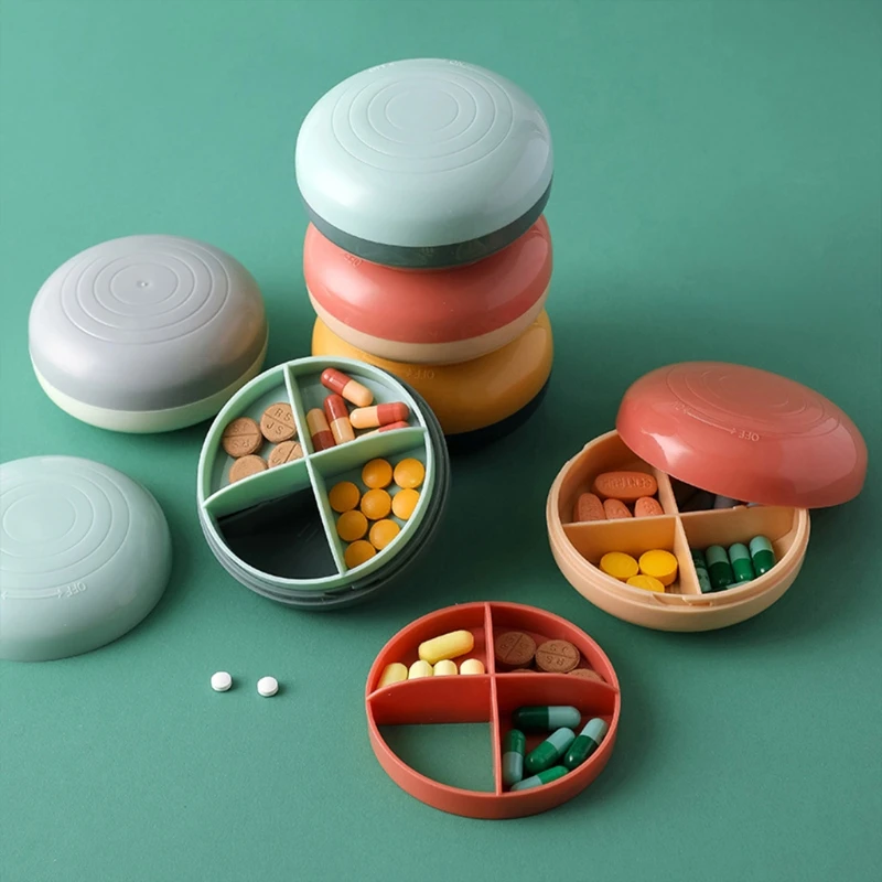

Portable Circular Pill Case Four Grid Compartment Travel Pill Box Organizer Medicine Tablet Dispenser Pill Box Splitters