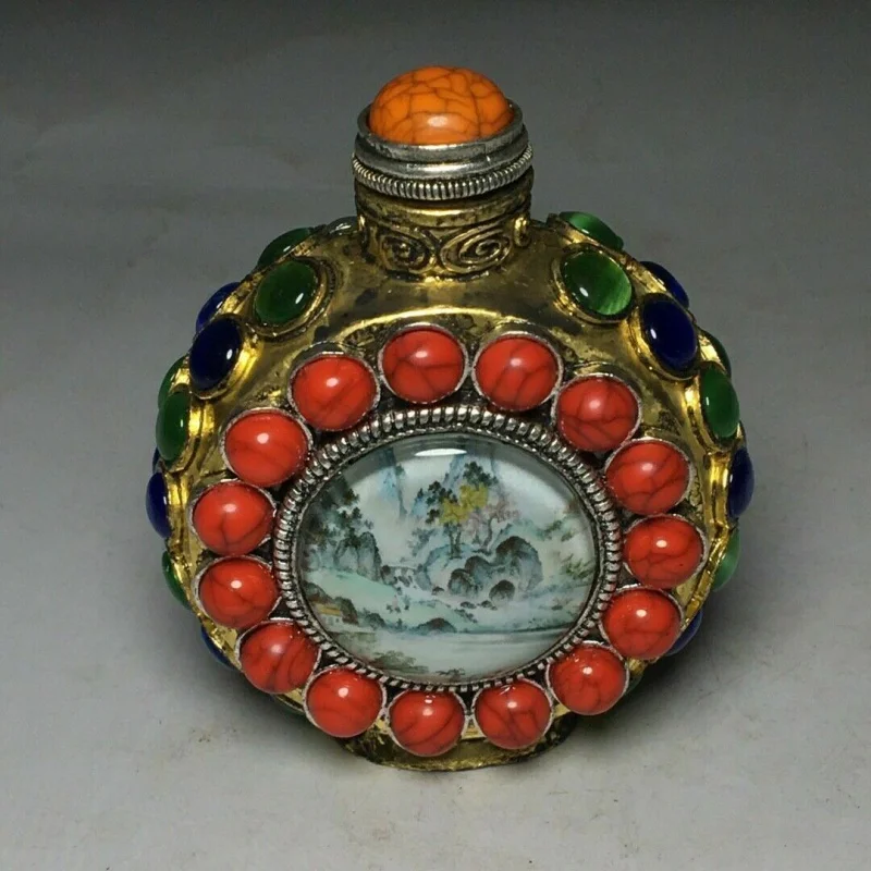 

Exquisite Old Chinese copper inlay gem handmade snuff bottle
