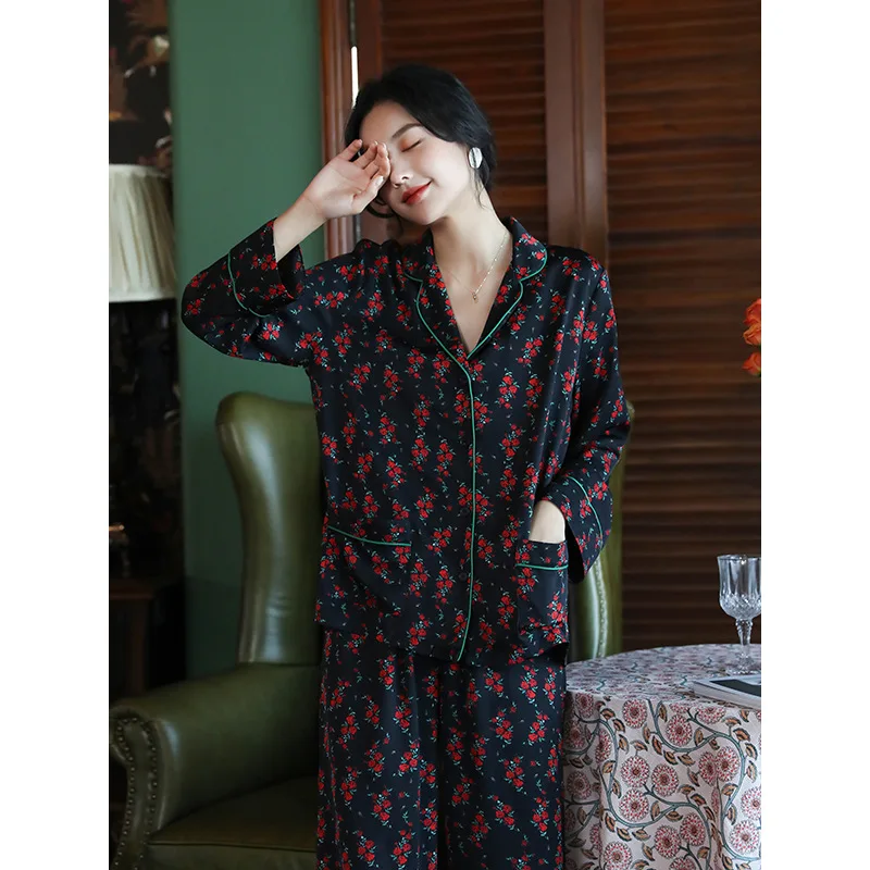 Maison Gabrielle 2022 Spring Summer New Floral Printed Pajamas Set Loungewear Sleepwear for Women 2 Pieces Long Sleeve Satin