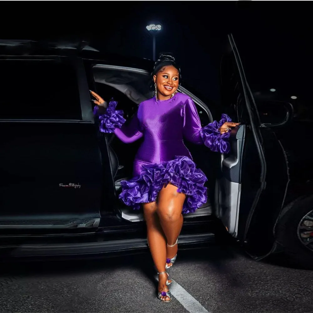 

Фиолетовые бархатные платья с расклешенными рукавами, красивые женские Формальные платья из органзы, коктейльные платья длиной выше колена, велюровые платья