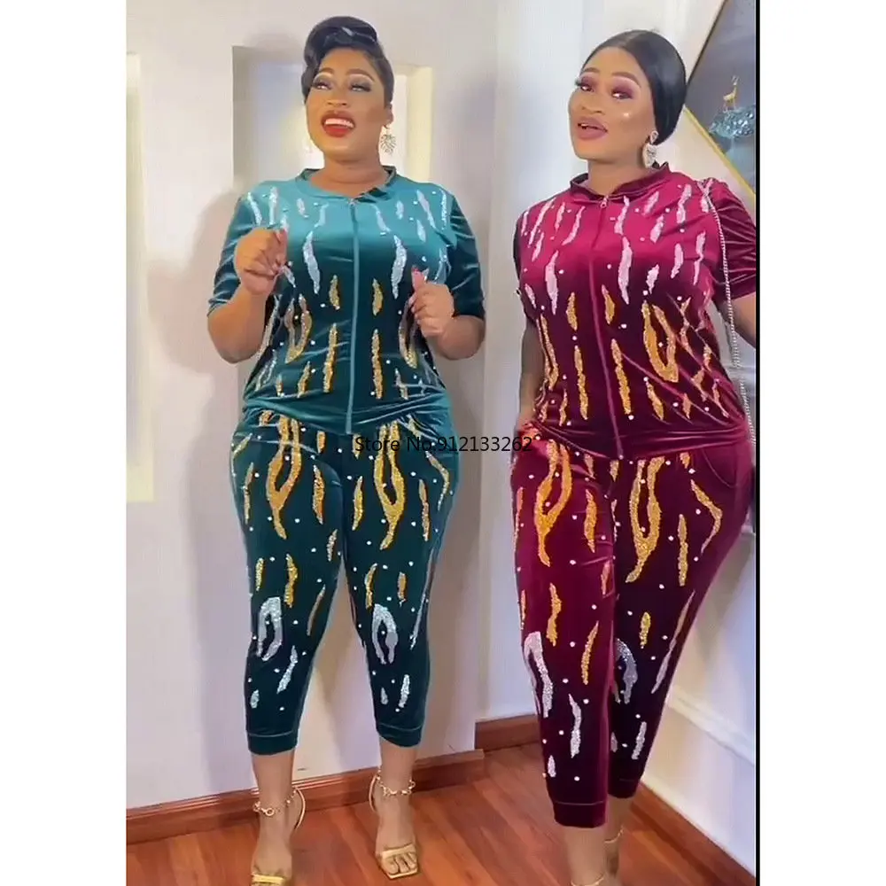 

African Set Women Velvet African Women's Clothing Autumn Winter 2 Piece Set Top and Long Pant African Clothes for Women