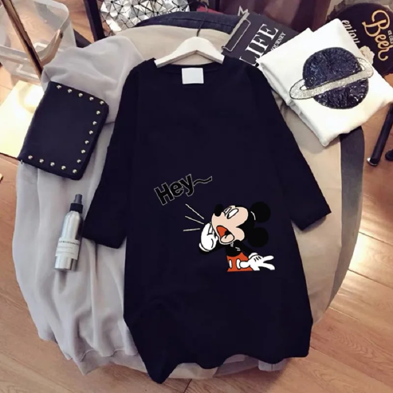 Disney Mickey Mouse T-shirt Girl Trend Mid-Length Loose Casual Short-Sleeved Cartoon Mickey Print T-shirt Round Neck Top