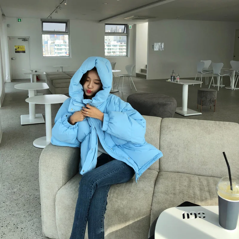 2021 Winter New Women Cotton Coat Loose Solid Sweet Female Office Lady Outwear Hooded Warm Pocket Elegant Ins Jacket Bubble Coat