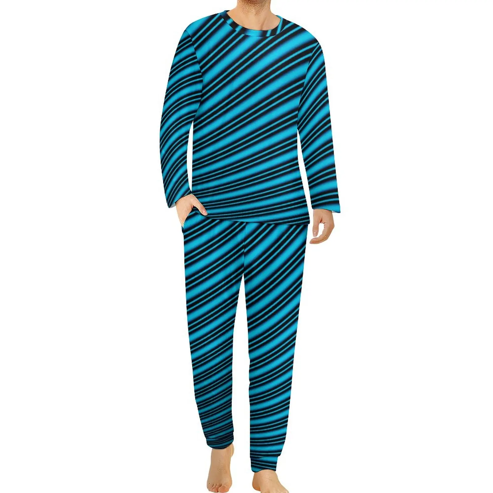 

Blue Lines Pajamas Winter 2 Pieces Modern Art Print Retro Pajamas Set Men Long Sleeves Home Graphic Nightwear 3XL 4XL 5XL