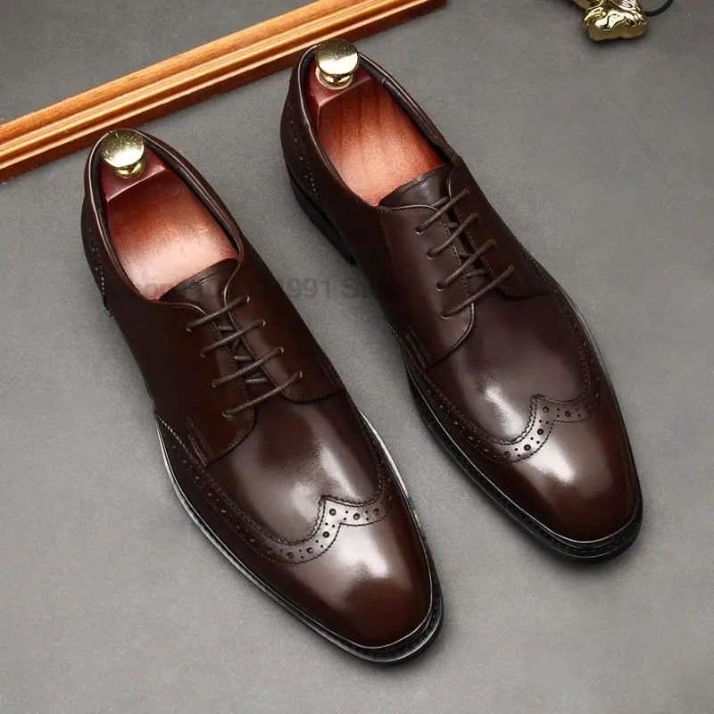 

Men's Oxfords Genuine Leather Handmade High Quality Classic Lace Up Round Head Office Wedding Dress Shoes For Men Black Coffee