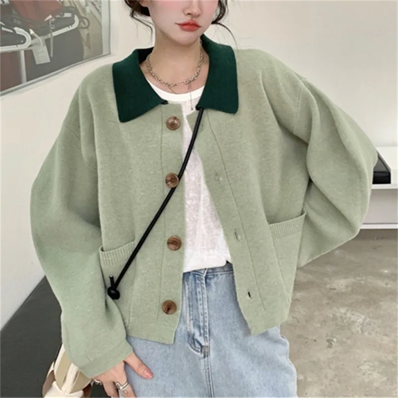 Ленивый универсальный свитер с воротником-поло контрастного цвета кардиган