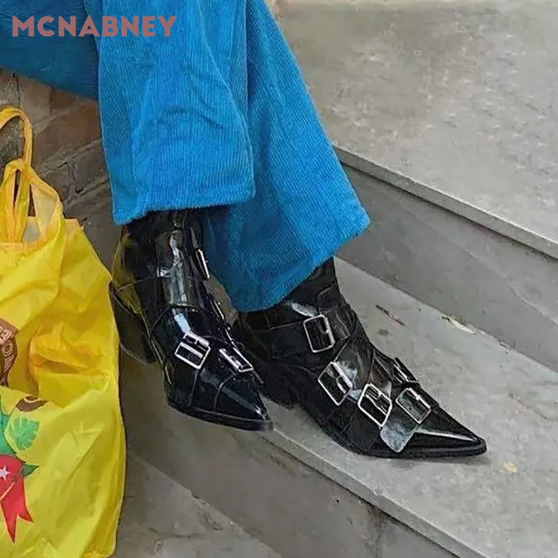 Black Cross Strap Belt Buckle Boots Pointed Toe Chunky Heel Back Zipper Ankle Boots Personality Handsome Casual Fashion Boots