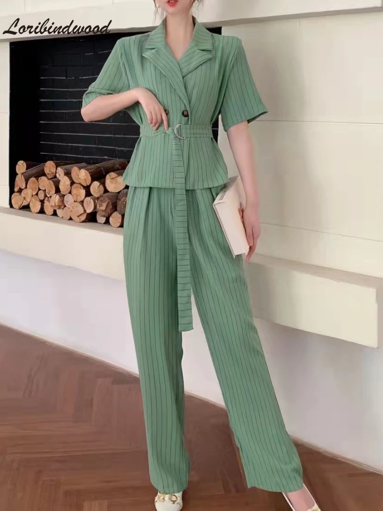 

Европейские товары, костюм для женщин, лето 2022, новый полосатый костюм с коротким рукавом, пальто, высокая талия, Ol костюм, брюки, деловой костюм