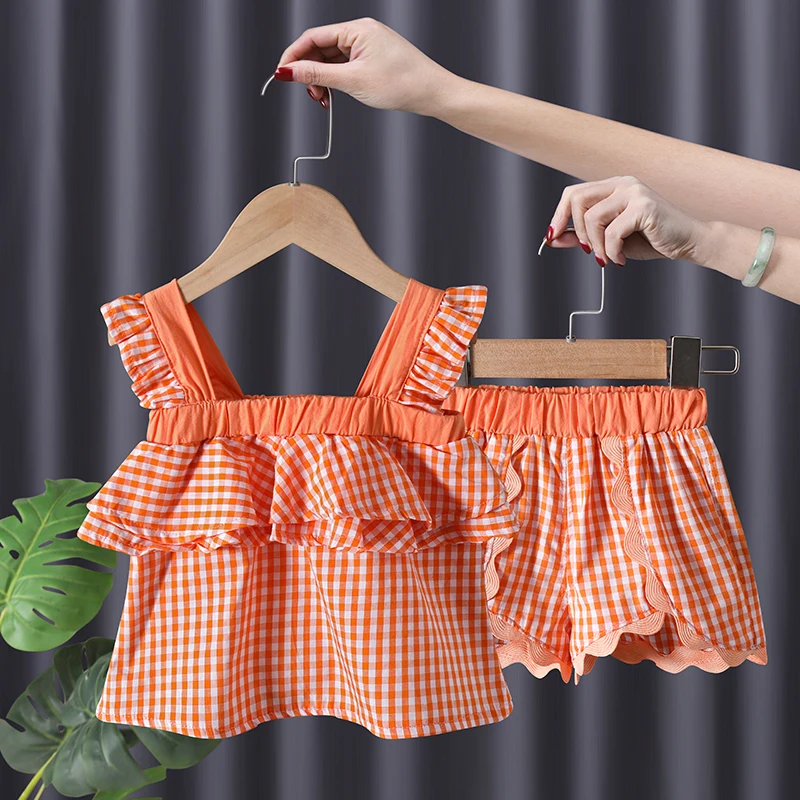 Girls Ruffles Sleeveless Summer Spanish Baby Clothes Kids Clothes Plaid Tops + Shorts 2pcs Clothes Girls Sets Clothing Outfits