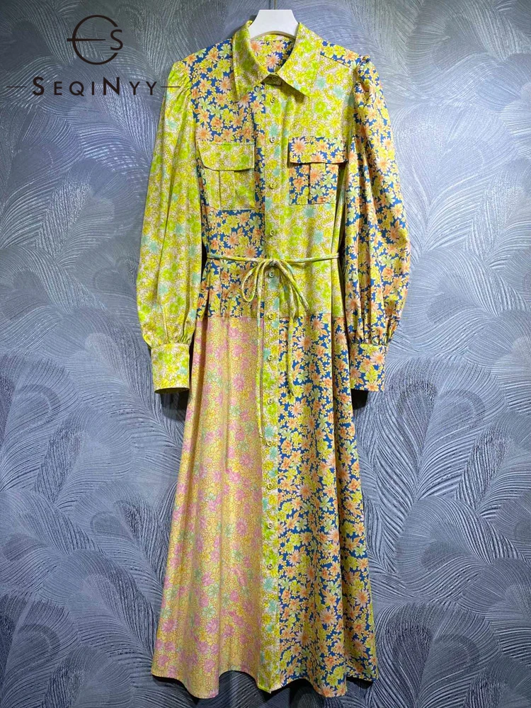 SEQINYY Midi Shirt Dress Summer Spring New Fashion Design Women Runway High Street Vintage Flowers Print Pocket Loose Belt