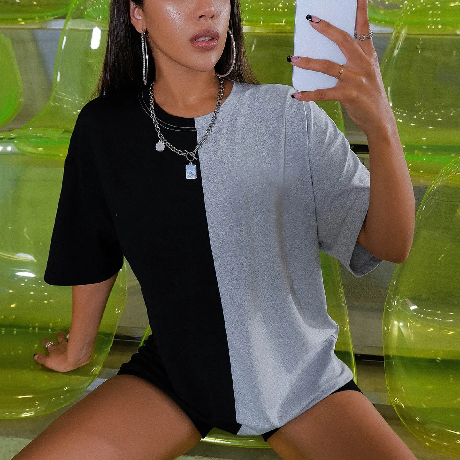 

Summer Women's T-shirt Fashion Solid Top Casual Short Sleeve Round Neck Shirts Loose Patchwork T Shirt Blusas Mujer De Moda 2022