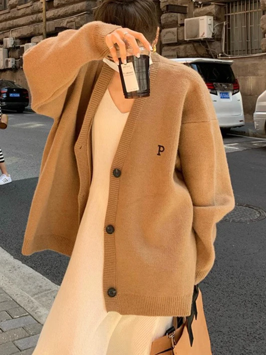 

Lazy Style Sweater Coat for Women 2023 Autumn Winter Long Sleeve Knitted Tops Solid Color Loose Cardigan Sweaters New Knitwears