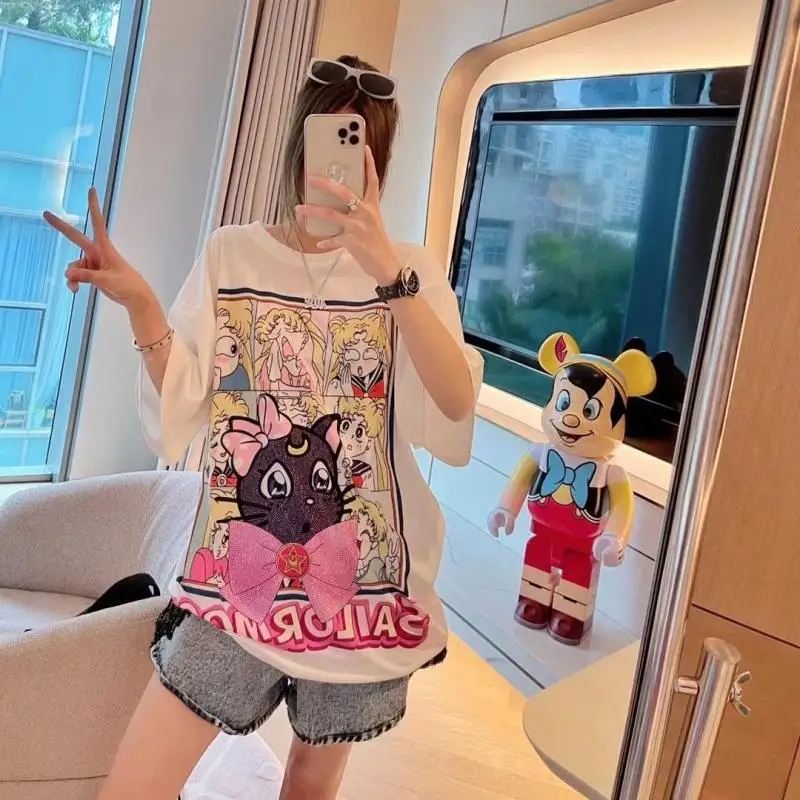 Bishojo Warrior Cartoon Cute Tsukino Usagi Summer New Girl Print Loose Heavy Industry Hot Drill Versatile Short Sleeve T-Shirt