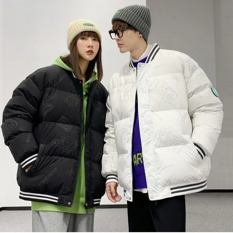 Winter Coat Mens Fashion Printing Thickened Warm Baseball Jackets Korean Version Couple Stand Collar Bread Jacket Parkas