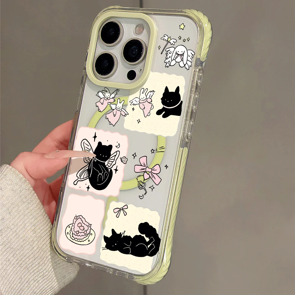 Фото Чехол для iPhone 17 16 15 14 Pro Max, прозрачный, из поликарбоната, с поддержкой беспроводной зарядки, магнитный, с дизайном «Корейская черная кошка с бантом», для iPhone 17 Pro №4