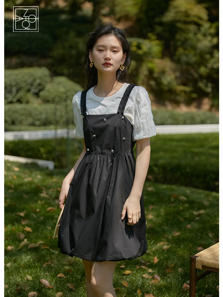 

ZIQIAO Japanese Women Short Black Suspender Skirt Adjustable Strap Design Square neck flared Dress Office Lady 100% Cotton Sweet