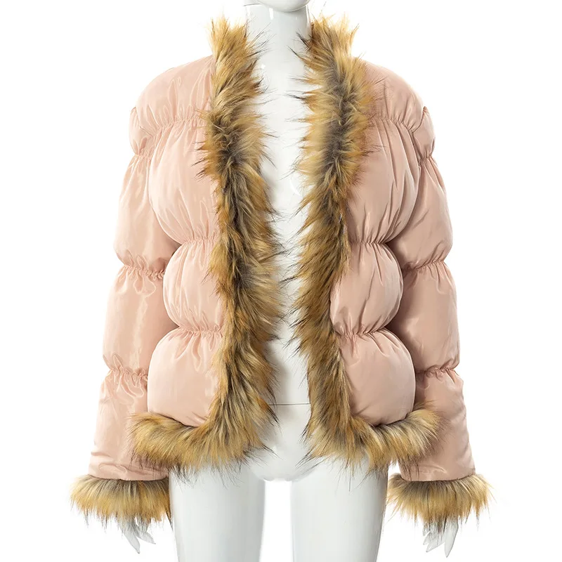 Women's 2022 Autumn and Winter New Style Solid Color Fashion Casual Fur Collar Cardigan Pleated Long-sleeved Slim Cotton Coat