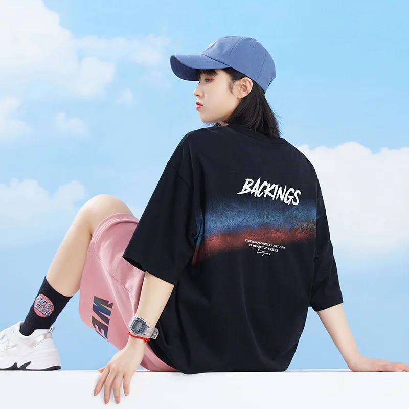 

Hanlu Women's 2022 Summer New Rainbow Letter Printed T-shirt Women's BF Style Lovers' Pure Cotton Short Sleeve Tee