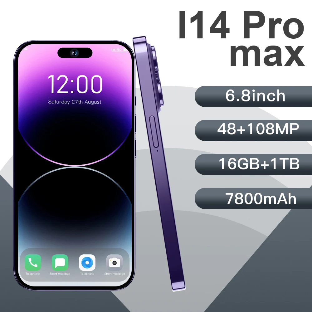 

Смартфон i14 Pro Max, сотовый телефон, полный экран 6,8 дюйма, идентификация по лицу, 7800 мАч, мобильные телефоны, телефон с искусственным пространс...