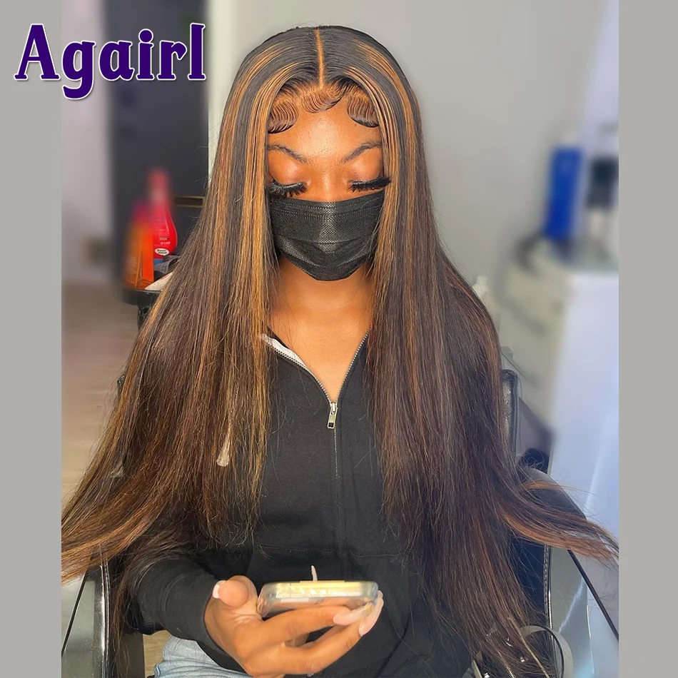 

220% Density Full Thick Colored Human Hair Wigs Highlight 30 with Black 30 Inch Straight Lace Frontal Wig 5X5 Lace Closure Wig