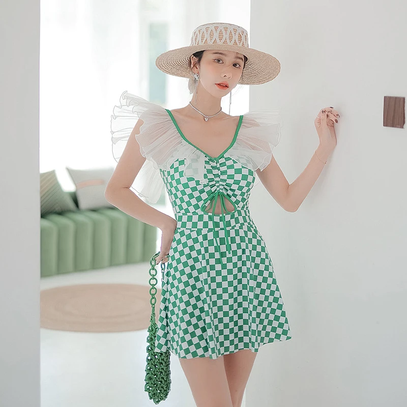 

One Piece For Women Whole Swimsuit Female Bikini Bath Exits Beach New Skirt Sexy Slim Backless Plaid Mesh Lace Polyester