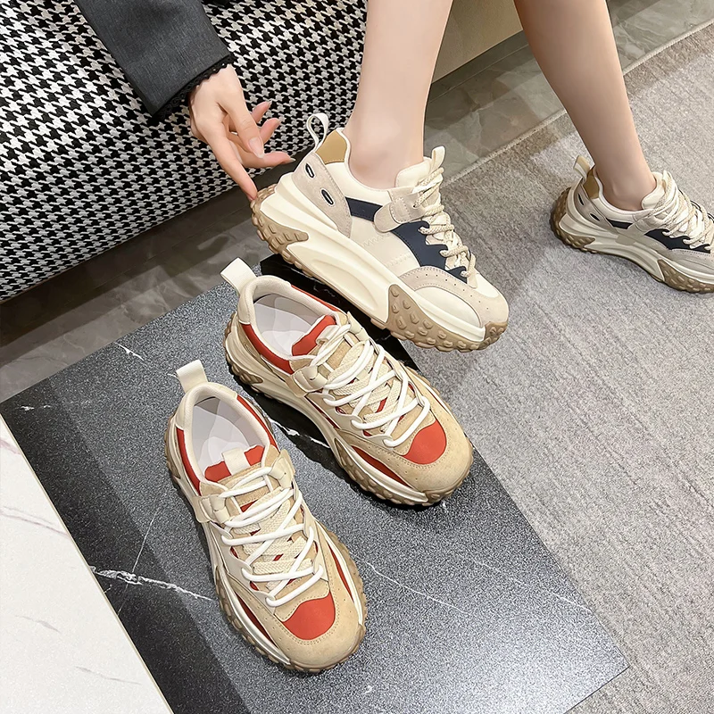 Autuspin 5cm Platform Mixed Colors Women Sneakers 2023 Retro Genuine Leather Four Season Vulcanize Shoes Casual Outdoor Size 39