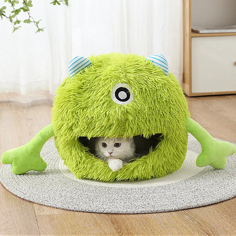 

35cm Cats Bed Cartoon Removable Kitten Winter Plush Bed Washable Semi-Closed Pet House for Weather Puppy House Accessories