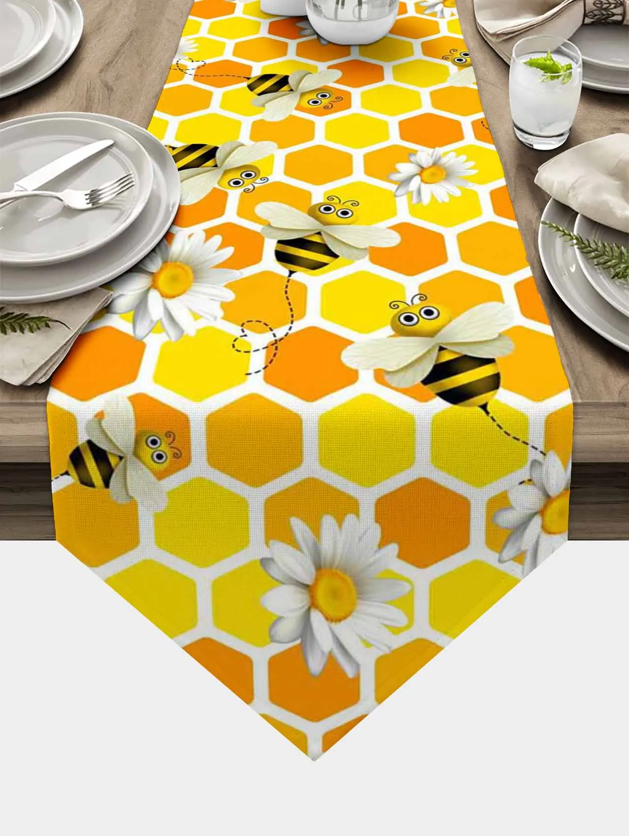 

Spring Bee Daisy Honeycomb Texture Table Runner Easter Party Table Decoration Tablecloth Home Kitchen Dining Tea Table Runner