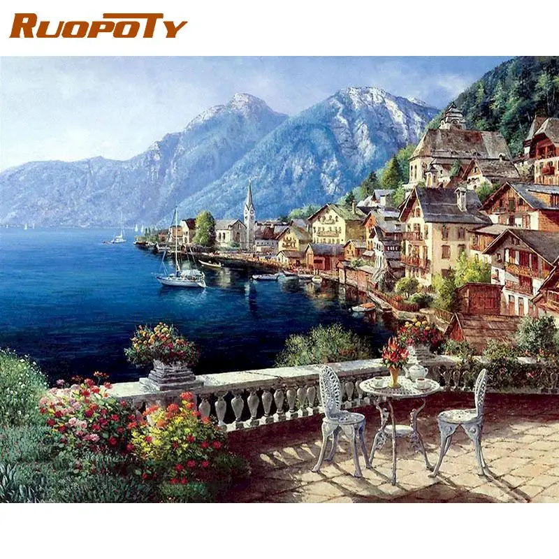 

RUOPOTY Paint By Number Seaside House Kits DIY Home Decoration Painting By Numbers Scenery Drawing On Canvas HandPainted Art Gif