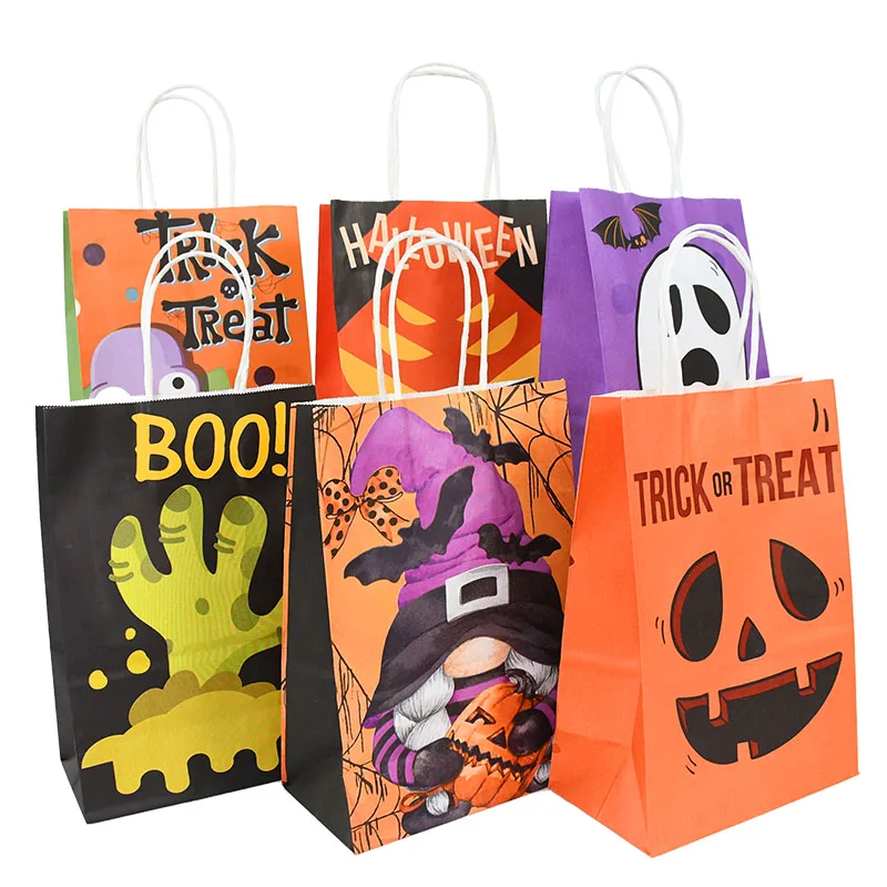 

6pcs Halloween Kraft Paper Tote Food Gift Bags Ghost Zombie Pumpkin Candy Bag Halloween Party Favors Candy Gift Package Box Case