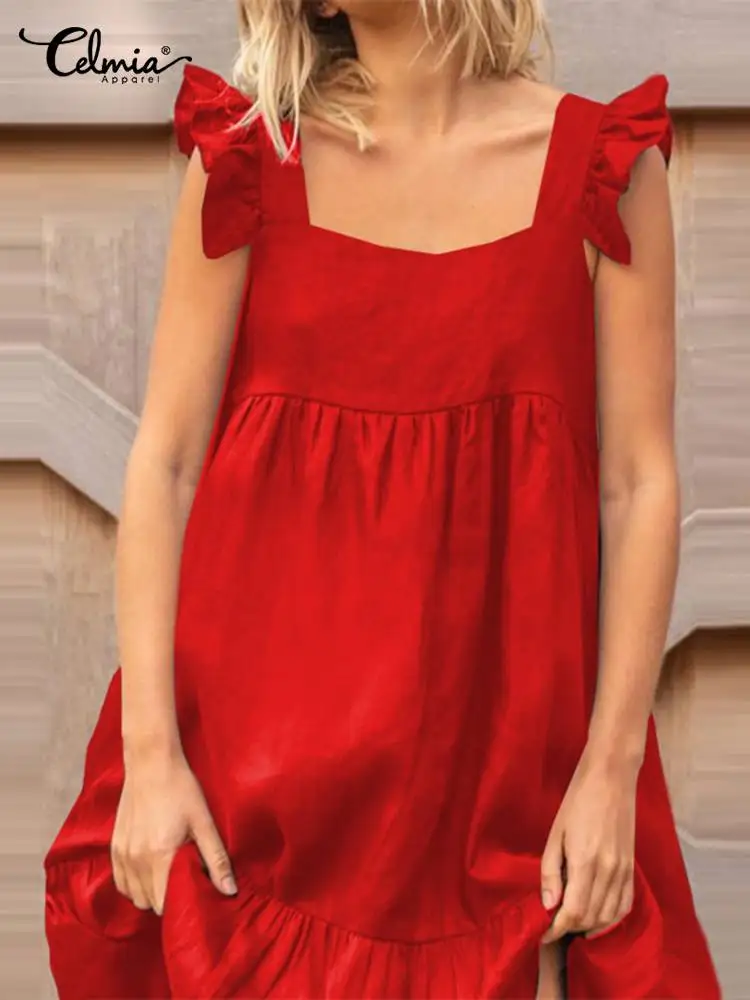 

Celmia Holiday Sleeveless Sundress Summer Women Square Collar Knee Length Dress Casual Loose Gathers Stitching Ruffled Vestidos