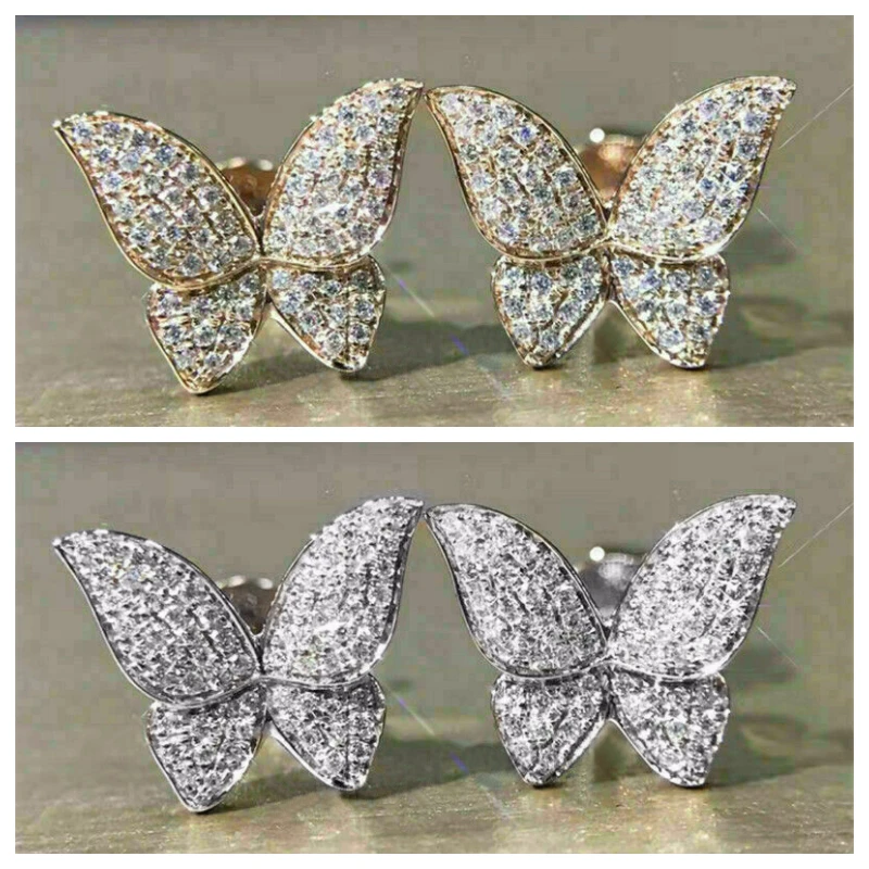 

New Fluttering Butterfly Earrings with Full Shiny CZ Statement Stud Earrings for Women Silver Color/Gold Color Trendy Jewelry