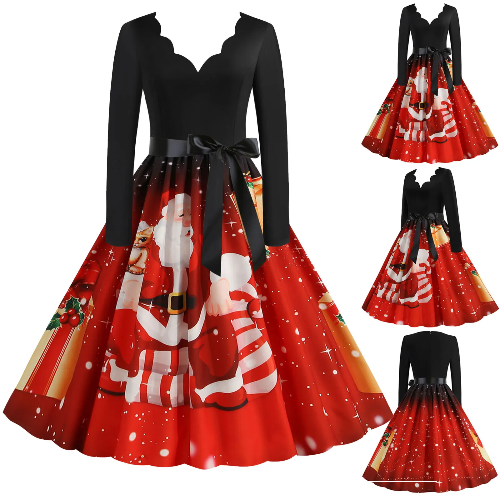 

Ladies Casual Dresses Long Sleeve V Neck Christmas 1950s Housewife Evening Party Prom Vintage Christmas Dress Women 2023 Vestido