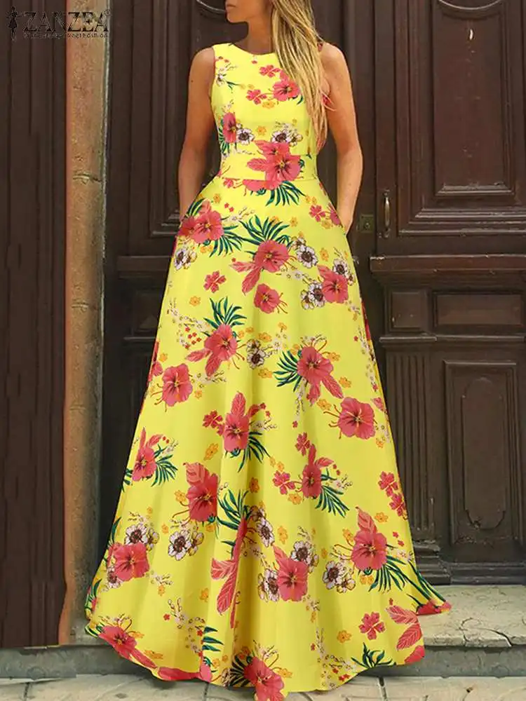 

ZANZEA Holiday Party Loose Long Robe Summer Women Sleeveless O-Neck Swing Sundress Bohemian Femme Elegant Floral Printed Dress