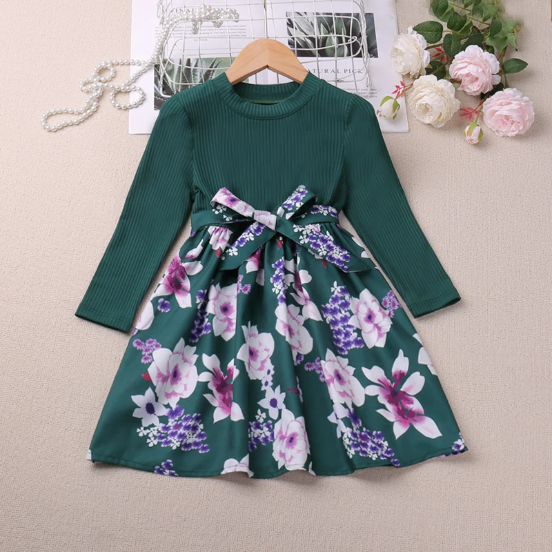 

New Patchwork Floral Girls' Dress With Bow Tie And Lady Style High Waist Vestidos Casual Outfit 3-7Y