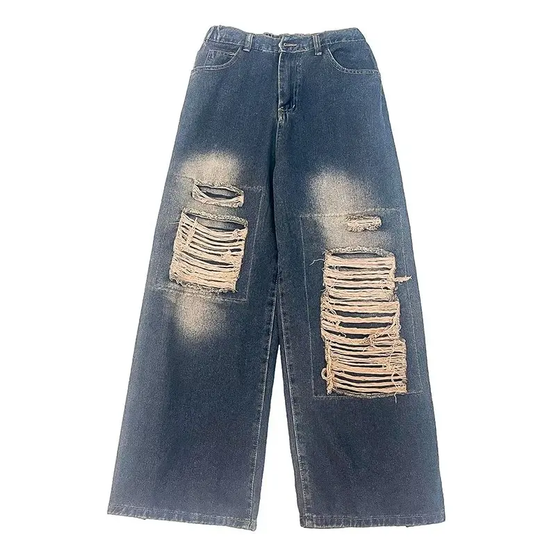 y2k Jeans 2023 New Korean Edition Broken Hole Design Senses the Streetwear hip hop  Wide Leg Jean for Men Straight Male Trousers