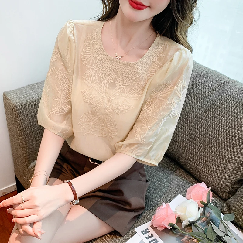 

Chiffon Woman Shirts Summer 2023 New Flower Blouses Loose Short Sleeve Printed Top O-neck Ladies Casual Clothing YCMYUNYAN