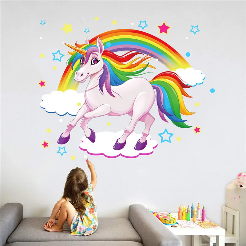 Rainbow & Unicorn Running On Clouds Wall stickers Room Decoration Art Vinyls Decals Children Kids Living Bedroom Home Mural | Дом и сад