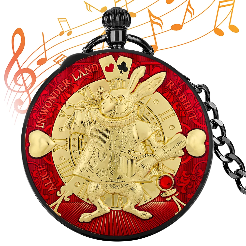 Cute Rabbit Musical Pocket Watch Gift for Ladies Blue/Green/Red Quartz Music Chain Clock Couple Bunny Watches montre de poche