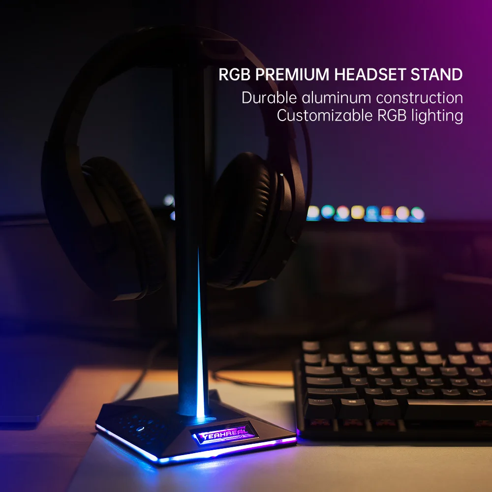 Budi RGB Headphone Headset Stand 3.5mm AUX And 2 USB Ports Touch Light Display Gaming Setup Mobile Accessories Earphone Bracket