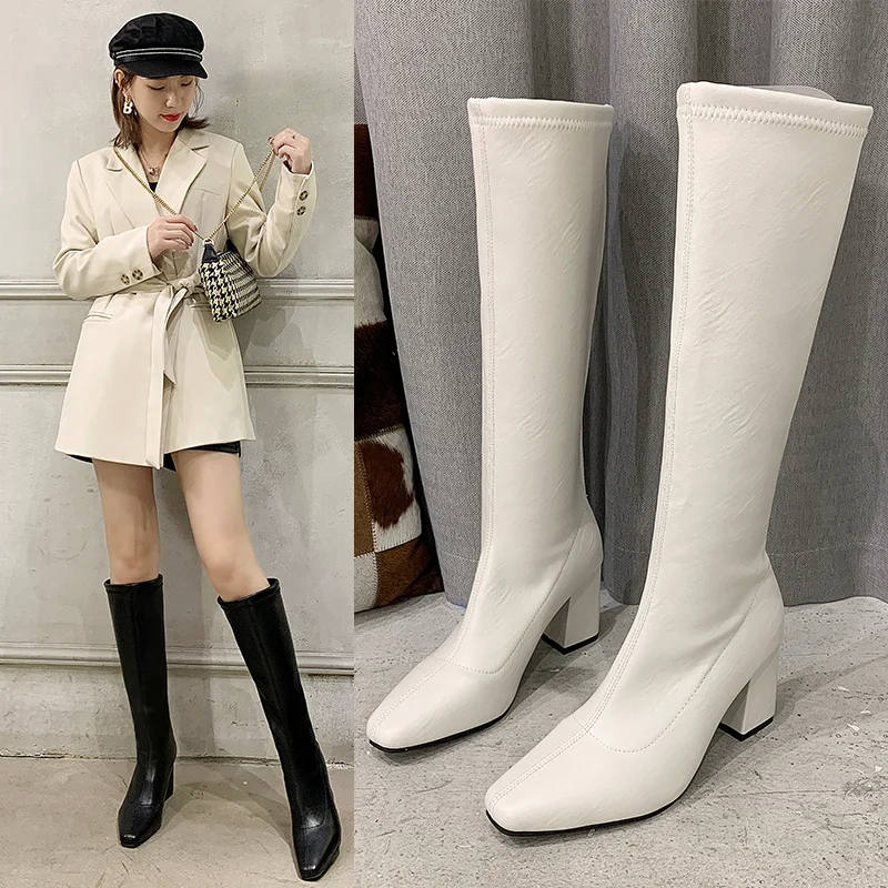 

2022 Women Knee High Boots Female Fetish Zipper Knight White Boots Platform Winter BLACK Booties Lady Low Heels Shoes