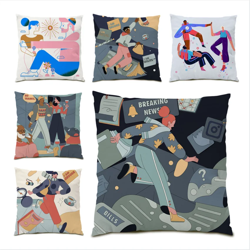 

Polyester Linen Cushions Cover Minimalism Home Decoration Anime Pillow Covers Decorative Cushion Cartoon Painting 45x45cm E0166
