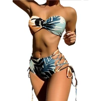 fs womens leaf print strapless bkinis set swimsuits 2022 new two piece swiming wear suits swimwear women sexi tie sides hollow