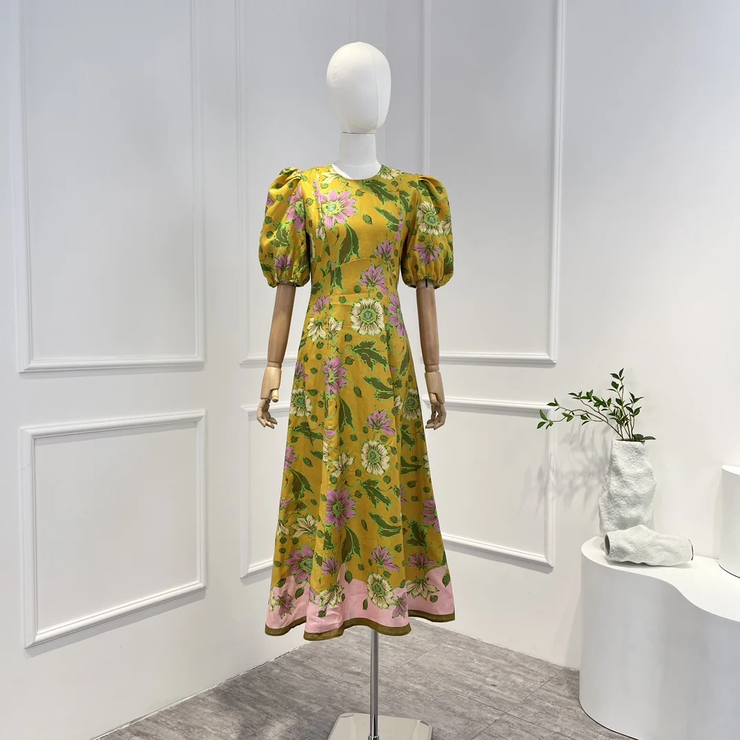 

2023 Summer Top Quality Pure Linen Floral Printing Puff Sleeve Midi Length Dresses for Women