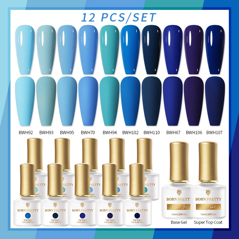 

BORN PRETTY 7ML 12PCS Gel Polish Nail Set Blue Color Glitter Varnish Semi Permanent Gel Soak Off UV Led Gel Nail Art Kit