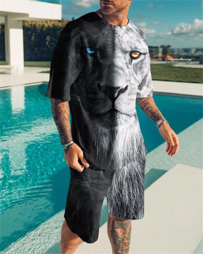 Summer Ferocious Lion Print Men Sets Causal Man Clothes Oversized Tshirt Beach Shorts Sportswear O-neck Tracksuits Suit Clothing images - 6