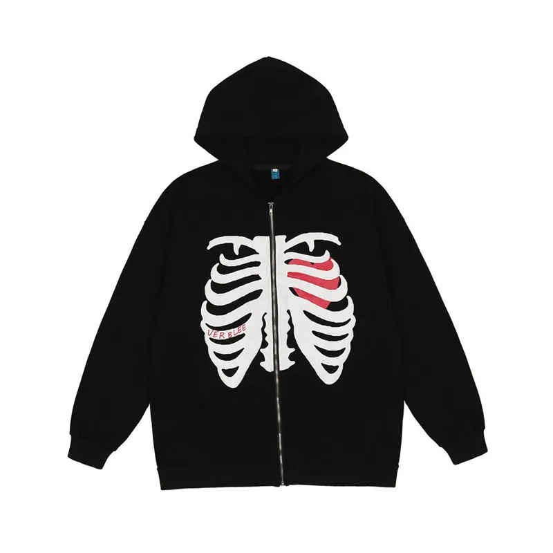 Men Hip Hop Streetwear Hooded Jacket Sternum Skeleton Jacket Coat Harajuku Cotton Loose Y1412
