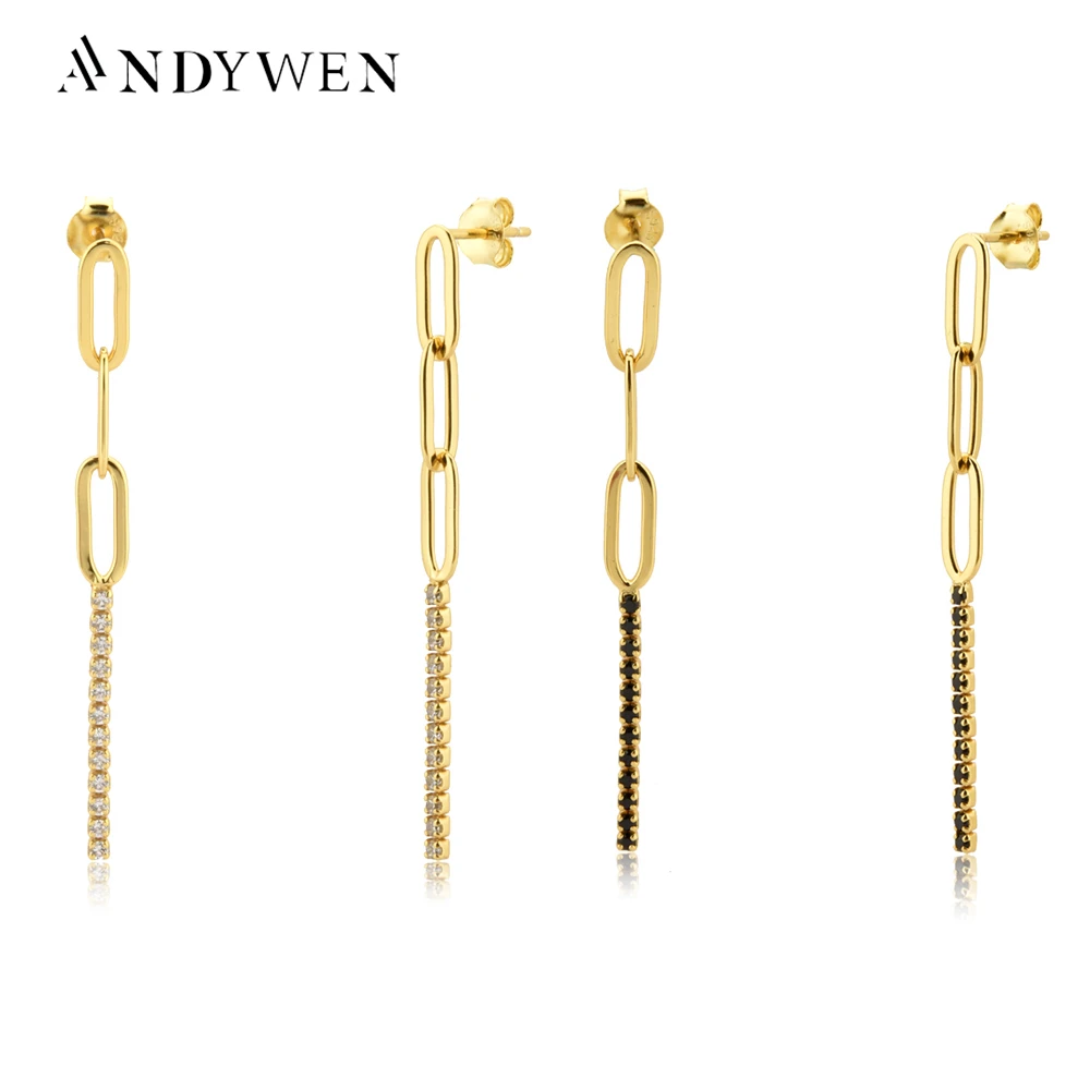 

ANDYWEN 925 Sterling Silver Clear Zircon CZ Square Locker Chain Drop Earring Splice Crystal Pave Luxury Rock Punk Jewelry